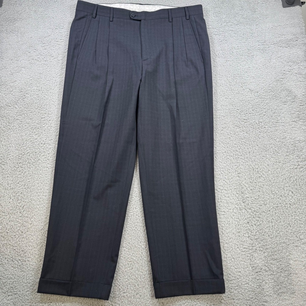 Zanella Thomas Mens 36x29‎ Blue Wool Pleated Cuffed Dress Pants Made in Italy